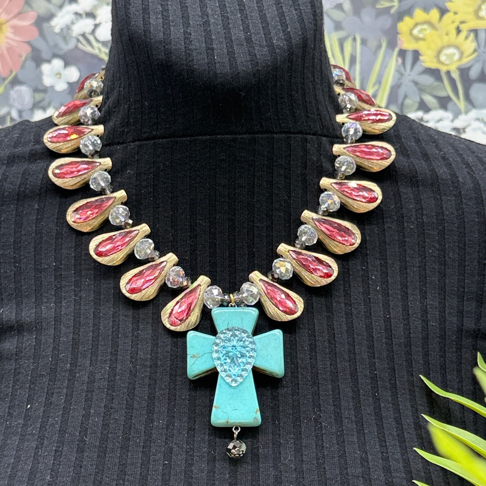 🌟Adorned Crown Jewelry assemblage pink rhinestone teal cross necklace